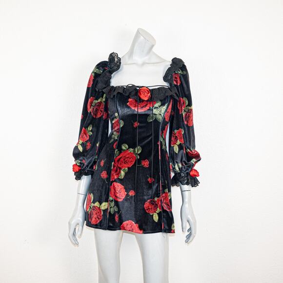 For Love & Lemons Yara Printed Velvet Mini Dress Black rose red size 2XS - Picture 2 of 13